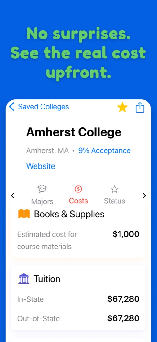 College cost breakdown with tuition and books
