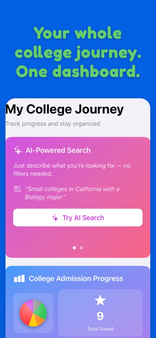 Dashboard showing AI Search and college admission progress